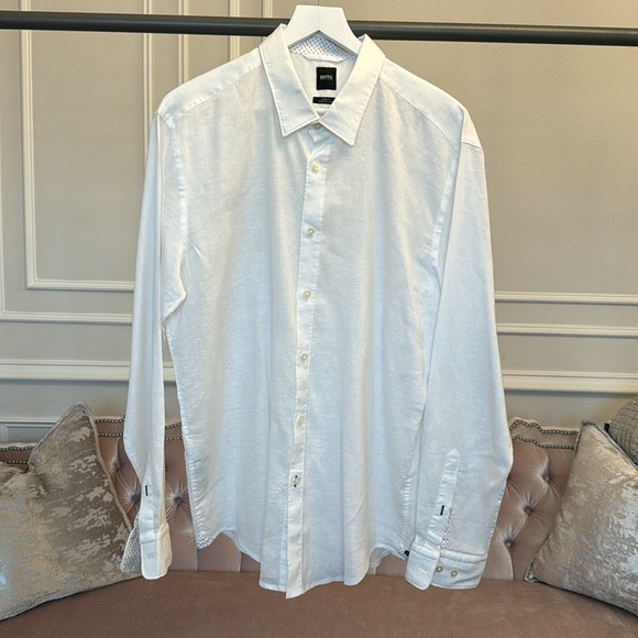 BOSS MENS SLIM FIT STRETCH LINEN BUTTON DOWN SHIRT SIZE XXL AS NEW - Picture 1 of 17